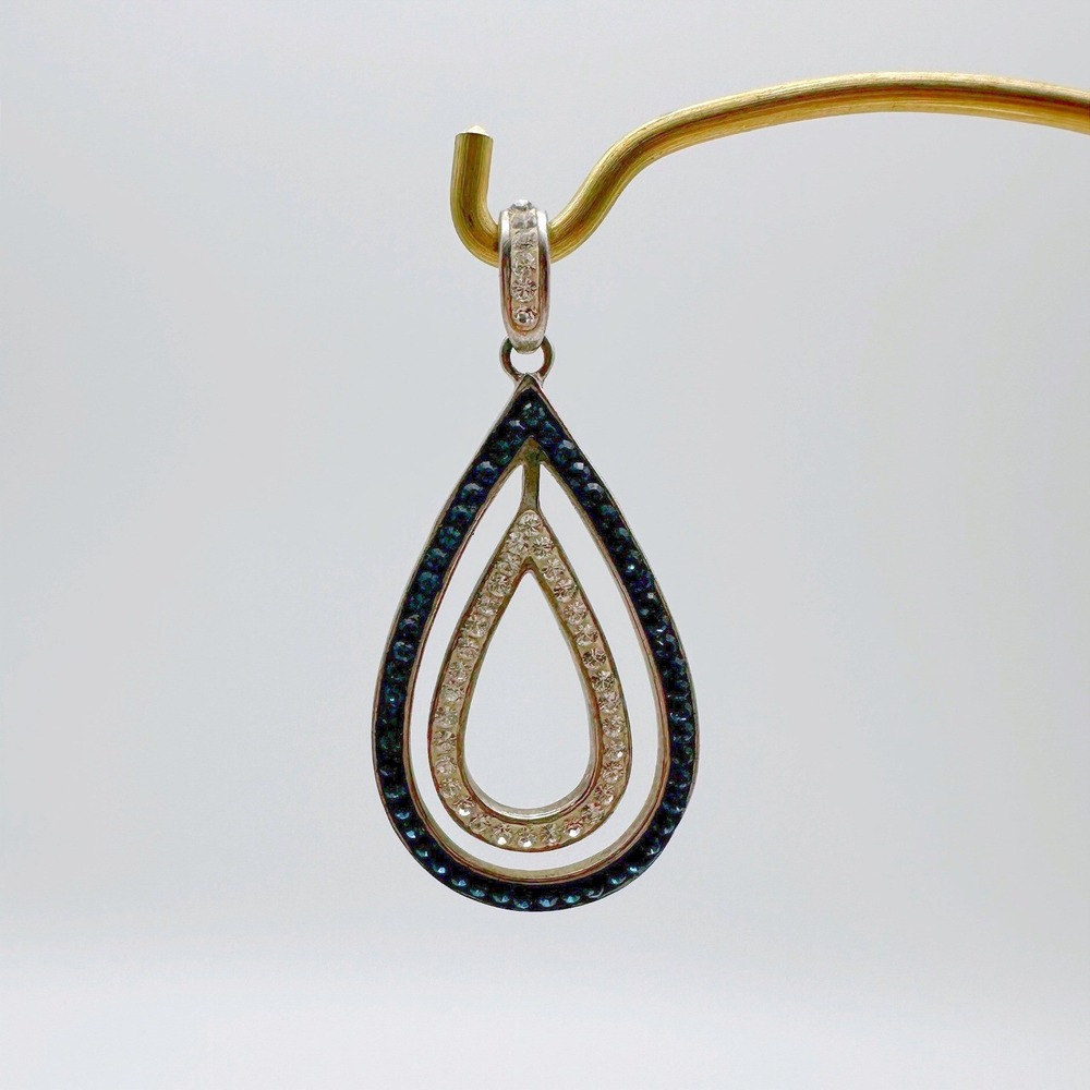 Vintage Womens Double Teardrop Pendant 925 Sterling Silver Blue Clear Pavé Glam